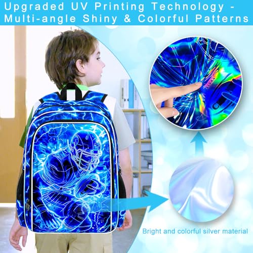 Image of 3Pcs Football Backpack for Boy, 17 inch Lightning Bookbag for Elementary Preschool Kindergarten, Kids School Backpacks with Lunch Box (Blue)