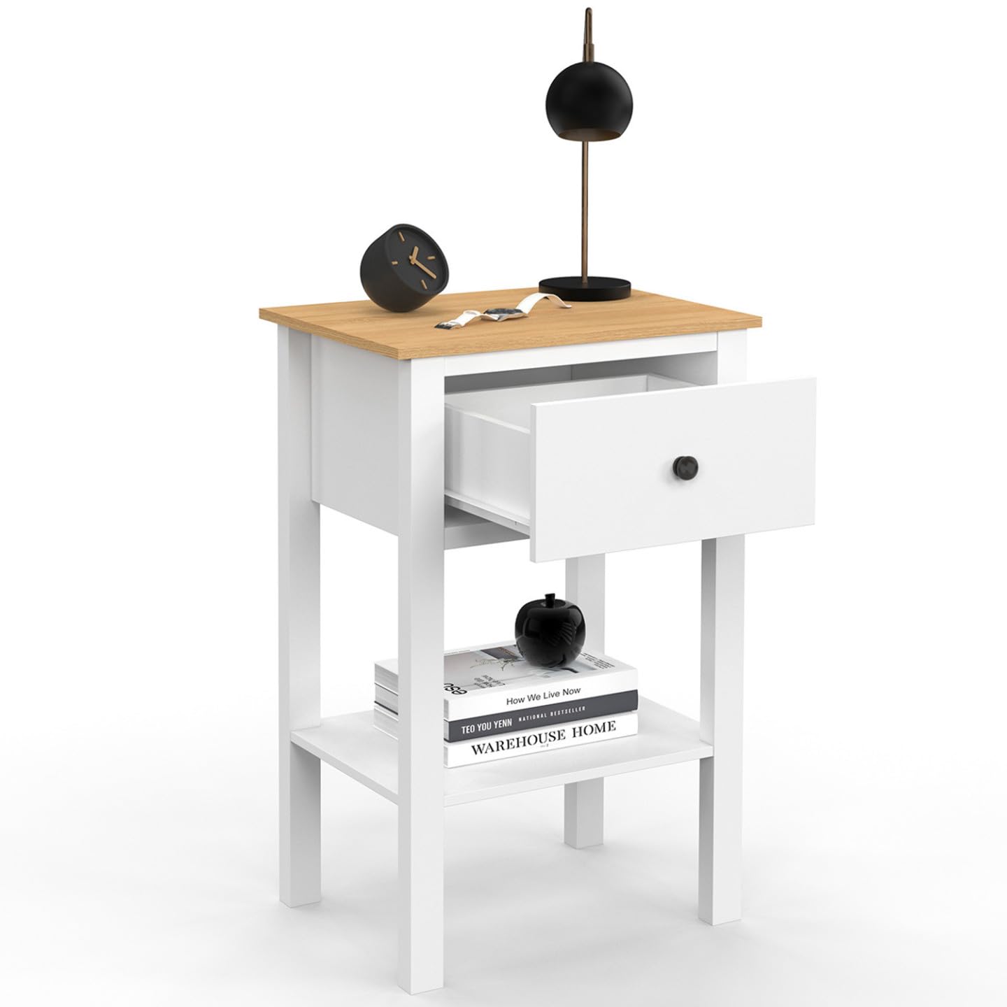 IDMarket – Juego de 2 mesillas de noche Achille con 1 cajón, 1 estante y bandeja, color blanco y tablero de madera