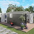 YOPTO 10x14 FT Outdoor Storage Shed,Metal Shed W/ 3 Lockable Doors & Window,Garden Tool House W/ 4 Air Vents & Sloped Roof,All Weather Waterproof for Backyard,Patio,Lawn,Grey