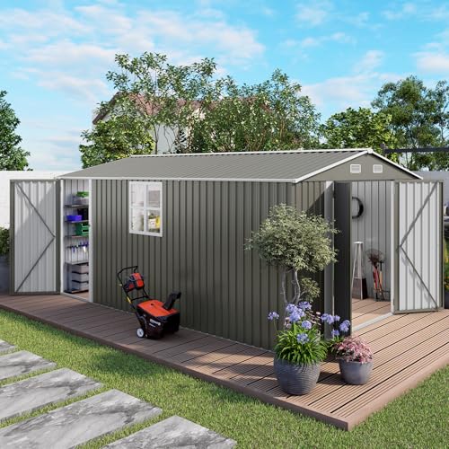 Image of 10x14 FT Metal Storage Shed,3 Lockable Doors,Window,Grey | 796cuft,7lbs /sqft roof.Sloped roof drains.Galvanized steel,rust proof.Clear window,vented.Side door