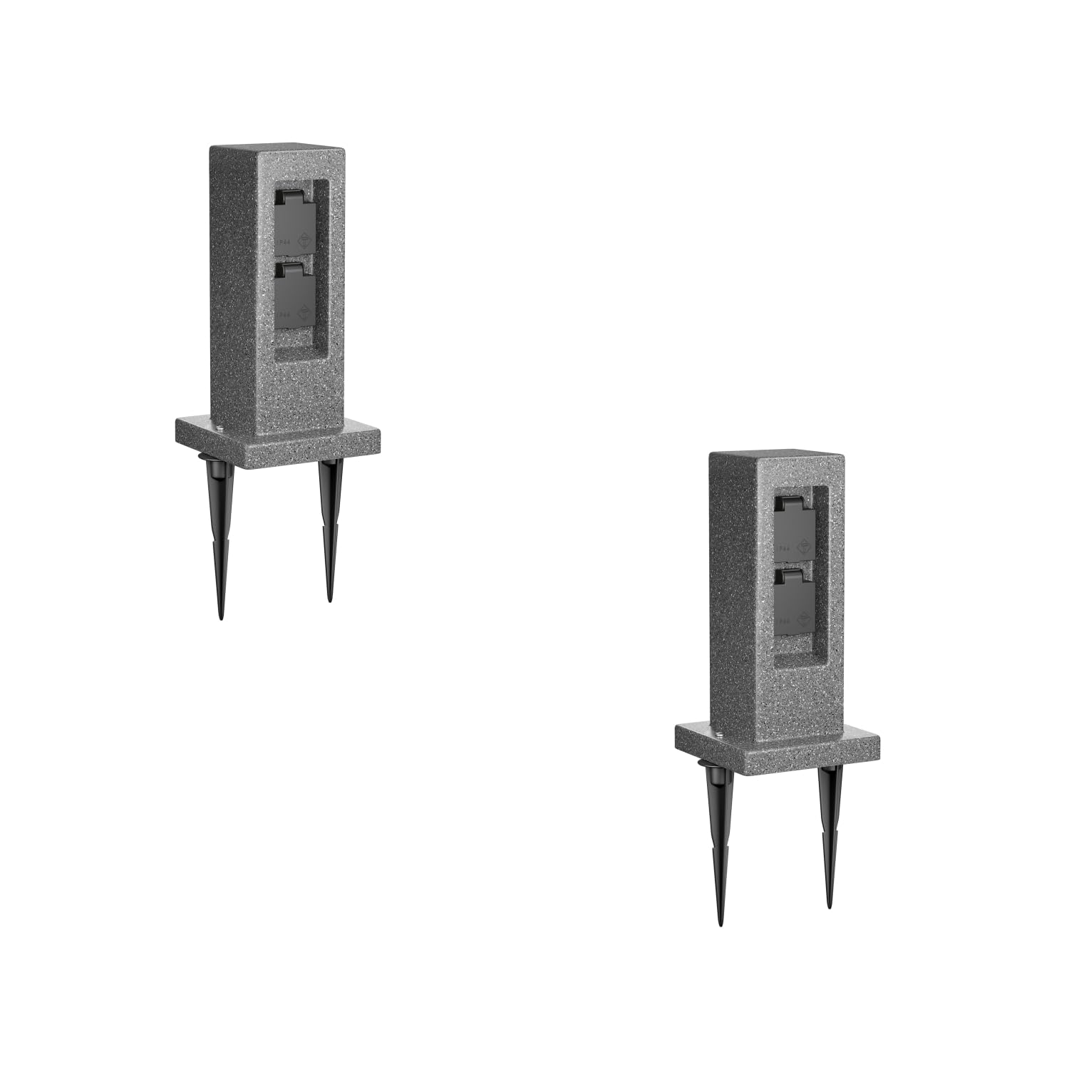 ledscom.de 2X Garten Steckdosensäule Pock mit Erdspieß für außen, IP44, 2-Fach, anthrazit (Stein-Optik), eckig, 30cm
