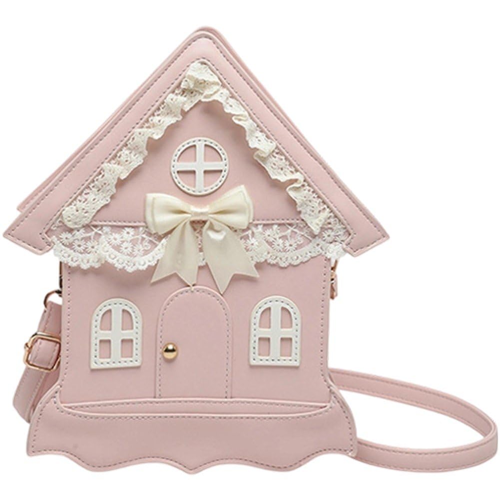 Sslvya Lolita Shoulder Bag with Pearl Chain Kawaii House Shaped Handbag Purse Crossbody Bags for Women