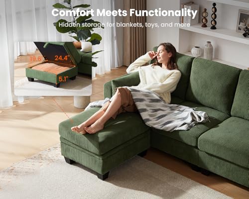 Image of CHIC HOUSE Modular Corner Sectional Sofa with Storage, Corduroy L-Shaped Couch, Compact Small Space Furniture for Living Room & Apartment (Green, 5 Seater L-Shaped)
