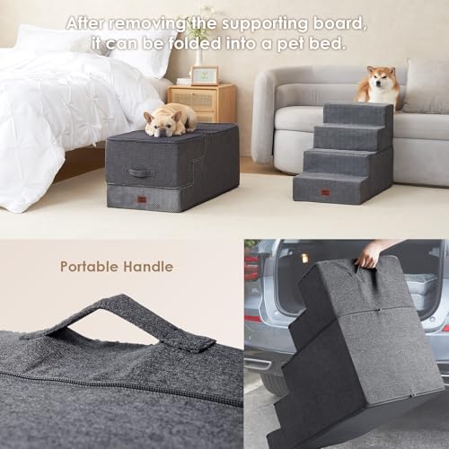 Image of EHEYCIGA Dog Stairs for High Bed 25 inch H, 5-Step Extra Wide Dog Steps for Bed, Pet Steps for Small Dogs and Cats, Non-Slip Balanced Pet Ramp Indoor, Grey