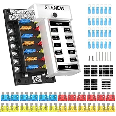 12 Way Blade Fuse Box, Circuit Blade Fuse Block with Negative Bus, Standard Fuse Box Holder with LED Indicator for 12V/24V Automotive Car Boat Marine Truck Yacht SUV RV Cover
