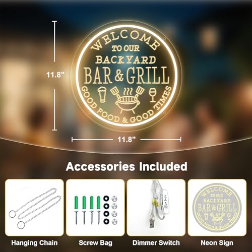 Image of Bar and Grill Neon Sign,WELCOM TO OUR BAR&GRILL ,Bar & Grill Sign, Backyard Patio Wall Art,Bar Sign,Grill Sign Backyard Sign BBQ Grilling Light Up Sign for Backyard,Garden Yard,Patio Decor, Housewarming Gift(Dimmable)