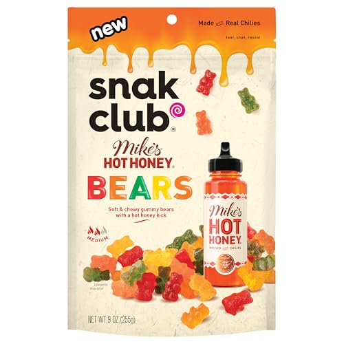 Snak Club Mike’s Hot Honey Bears Gummy Candy, Soft and Chewy Gummy Bears with Sweet Heat, Unique Candy Snacks, 9 oz Family Size Bag