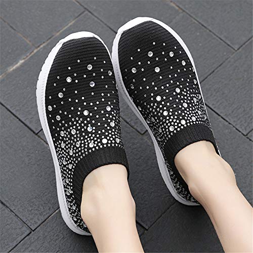 Gospt Women's Mesh Walking Shoes Rhinestone Glitter Slip On Ballroom Jazz Latin Dance Sock Sneakers Black 8 #TOP4