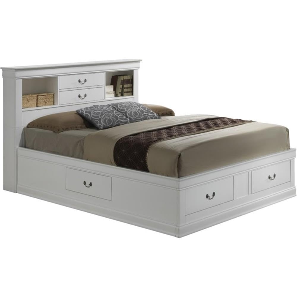 MAKLAINE Traditional Wood Queen Bookcase Storage Platform Bed in White
