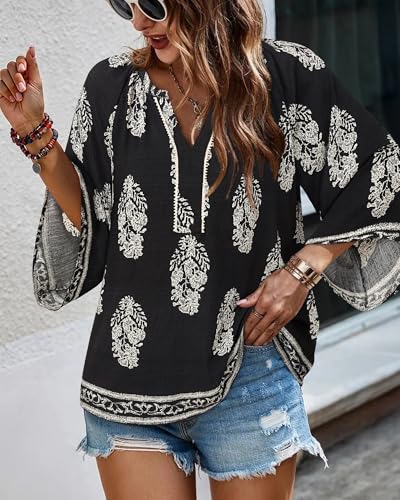 VALOLIA Womens Boho Tops 3/4 Sleeve V Neck Casual Loose Fit Blouses Shirt Bohemian Vacation Clothes3