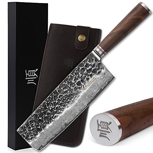 Yousunlong Nakiri Cuchillo De Cuchilla Para Verduras, 9 Pulgadas, Súper Acero Japonés, 67 Capas, Martillado En Damasco, Tsuchime, Mango De Nogal Con Cuero, Incluida La Caja De Regalo Yousunlong Nakiri Cuchillo De Cuchilla Para Verduras, 9 Pulgadas, Súper Acero Japonés, 67 Capas, Martillado En Damasco, Tsuchime, Mango De Nogal Con Cuero, Incluida La Caja De Regalo