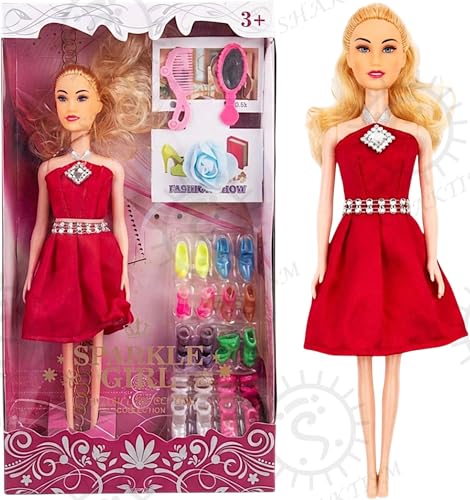 Image of SHAKTISM Doll Set for Girls with Makeup, Dress, Accessories, Comb and Mirror, Sandle Set Multicolor, 3 Years and Up (Sparkle Girl Doll)