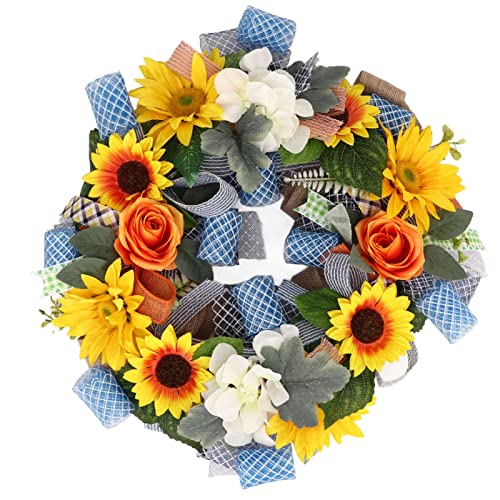 Corona de girasol de 45 cm para colgar en la puerta principal, girasol amarillo artificial de seda para puerta de casa, ventana, decoración de pared del hogar