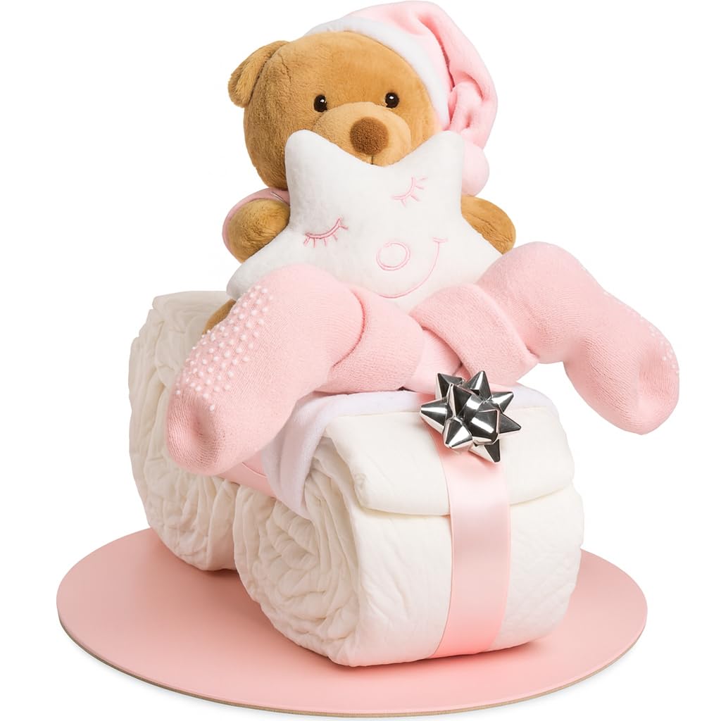 Windeltorte Mädchen in Rosa – Motorrad mit Kuscheltier, Geschenk zur Geburt & Taufe – Handgefertigte Baby Windeltorte mit Windeln, Mullwindel & Glückwunschkarte