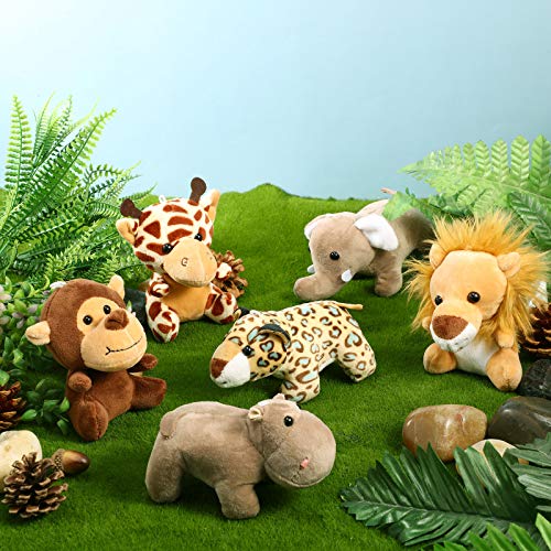 12 Mini Stuffed Jungle Animals Set - 4.8" Plush Elephant, Lion, Giraffe & Tiger For Themed Parties & Awards #TOP4