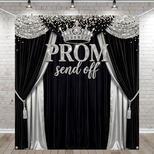 Tingjoo Prom Send Off 2026 Backdrop Black and Silver Graduation Decorations 71 x 78.7 Inch Silver Crown Class of 2026 Congrats Grad Photo Background Banner for Graduations Party Favors