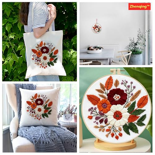 Image of Zhenqing Floral Bouquet Cross Stitch Kit for Beginners - Complete Set with Pre-Printed 11CT 24x24cm Fabric, Hoop & Threads (68993)