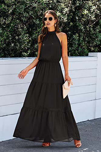 Image of PRETTYGARDEN Women's Halter Neck Floral Long Maxi Dress Casual Sleeveless Backless Dresses Loose Ruffle Sundress with Belt