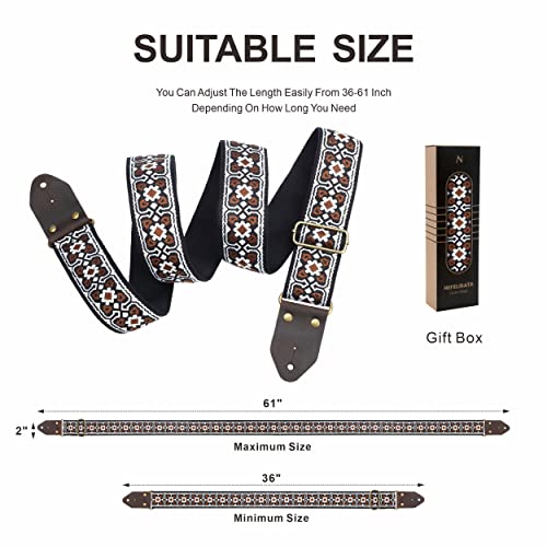 Image of Nefelibata Guitar Strap,Jacquard Embroidery Cotton Guitar Straps with Crazy Horse Leather Ends for Bass, Electric & Acoustic, Best Gifts for Kids, Guitarists(Vintage White Embroidery)