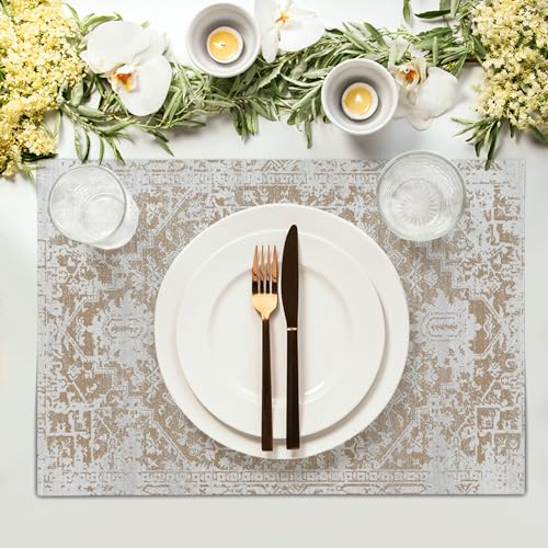 Image of Gray Khaki Boho Placemats Set of 6 Ethnic Bohemian Carpet Place Mats Washable Kitchen Dining Vintage Grey Geography Floral Linen Table Mats Stain Heat-Resistant for Home Party Indoor 12x18 in