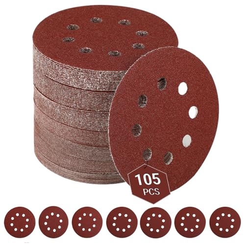 105 Piezas Discos de Lija 125 mm – Lijas Redonda con 8 Agujeros – Para Lijadora Orbital, Eliminación de Polvo (Granos 40/60/80/120/180/240/320, 15 piezas por grano)