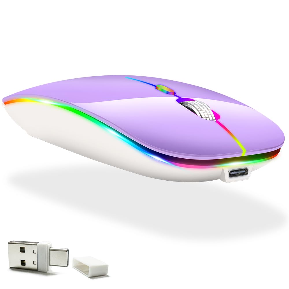 KLO LED Rechargeable Mouse(BT5.2+Type-C+USB2.4G) Bluetooth Mouse for MacBook/MacBook air/Pro/Laptop/Notebook/pc/iPad/Chromebook(A LED/Purple)