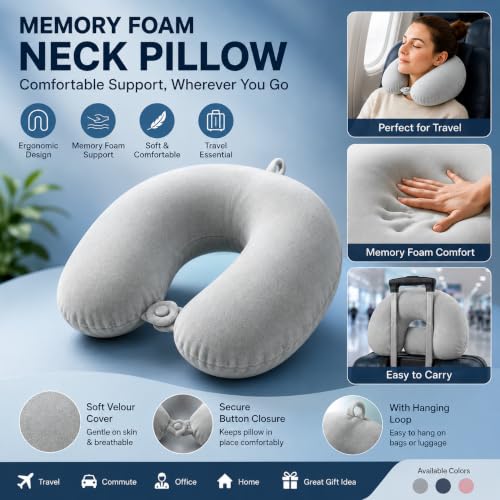 Image of Memory Foam Travel Neck Pillow with Breathable Washable Cover | U-Shaped Orthopedic Airplane Neck Support Cushion for Flight, Car, Train & Office | Soft Slow Rebound Foam | Grey