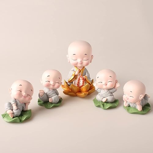 Estatua de monje pequeño, bonita figura de monje de hoja de loto de resina, figura china de Buda en miniatura para decoración del hogar, jardín,