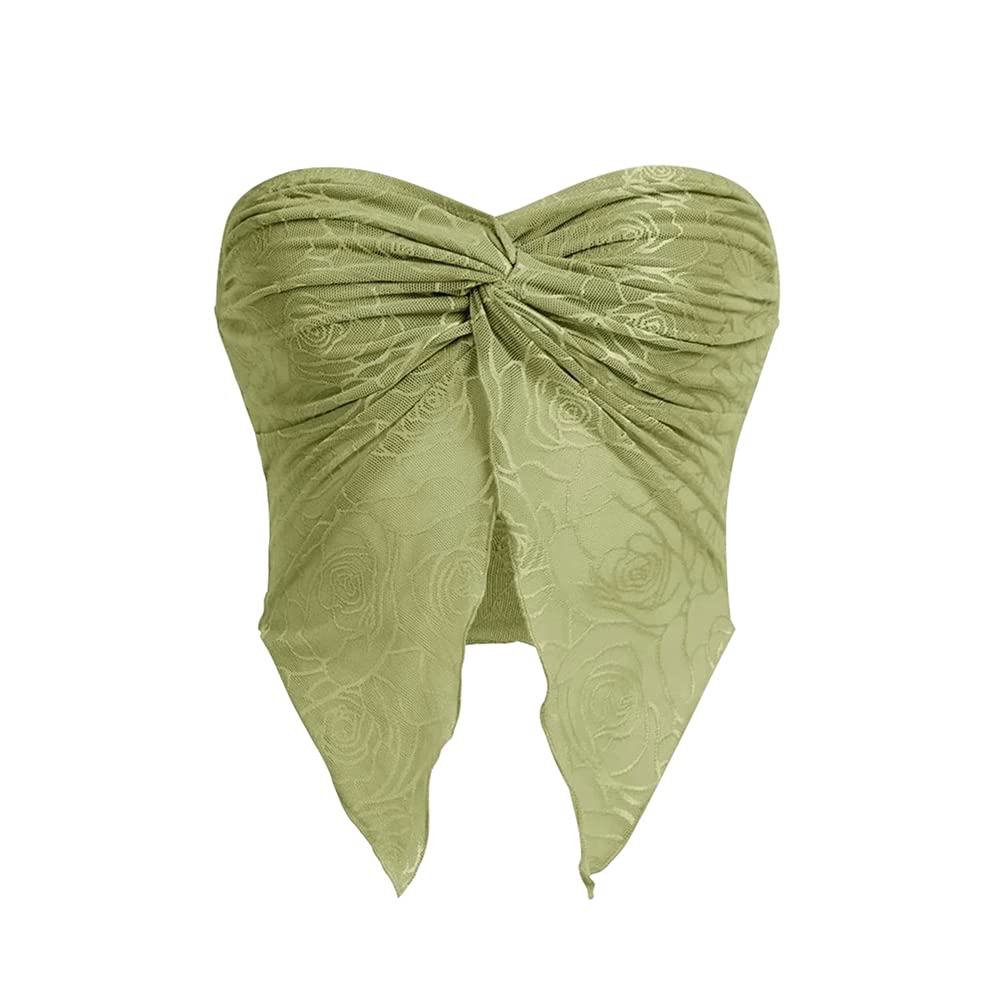 MeladyanWoman Twist Knot Front Split Embroidery Lace Crop Tube Tops Ruched Sheer Mesh Strapless Solid Crop Bandeau Tank Top