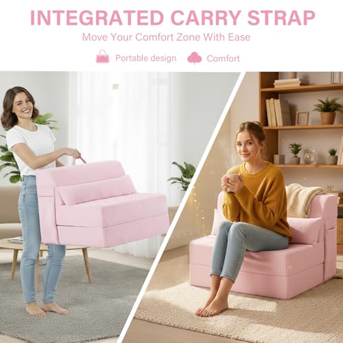 Image of Tiita Convertible Folding Sofa Bed Mattress with Pillow & Side Pocket, Plush Fabric Floor Mattress Couch Bed, Washable Cover, Twin Size, Pink