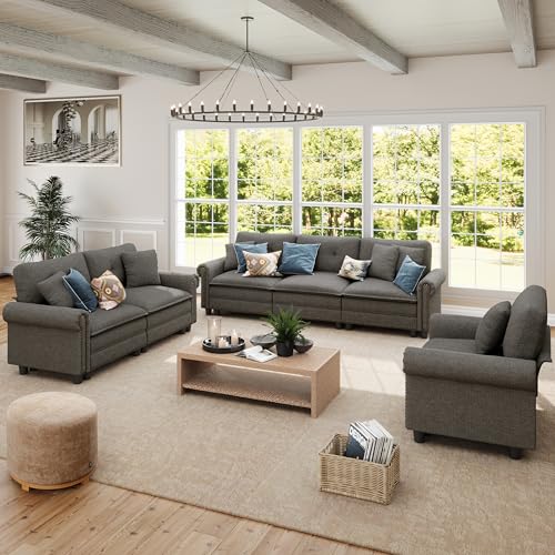 Image of SUNSHINE VALLEY 3-Piece 6-Seater Cloud Modular Sofa Set with Extra Deep & Wider Cushions, Oversized Mid-Century Modern Couch Set with Loveseat and Throw Pillows for Living Room, Linen Dark Grey