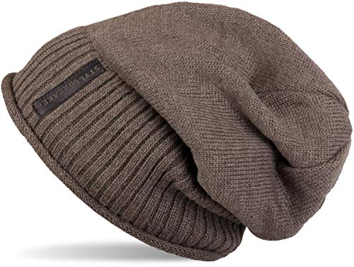 styleBREAKER Unisex Beanie Mütze mit Fleece Innenfutter und Label | Warme Winter Strickmütze aus Feinstrick | Elastische Longbeanie für Damen und Herren, Farbe:Taupe