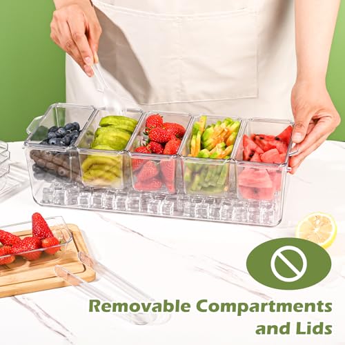 JOCHER Ice Chilled Condiment Caddy with 5 Containers(2.5 cup), Condiment Server with Separate Lids, Serving Tray Platter with Removable Dishes for Bar Accessories, Fruit, Salad, Taco, Party Garnish