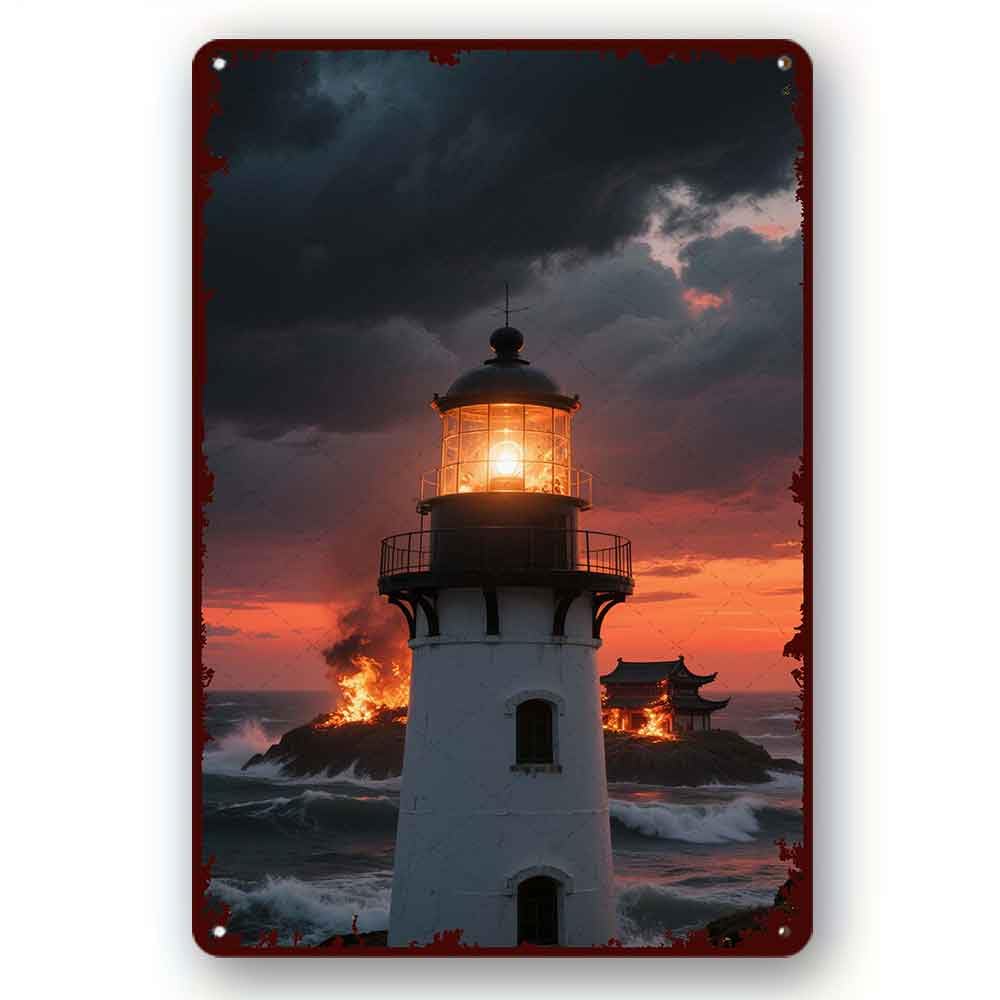 peiyeety Funny Retro Tin Sign Lighthouse in the storm Wall Poster Coffee Shop Plate Iron Painting Retro Novelty Funny Bar Pub Kitchen Restaurant Tin Sign 8x12 Inch