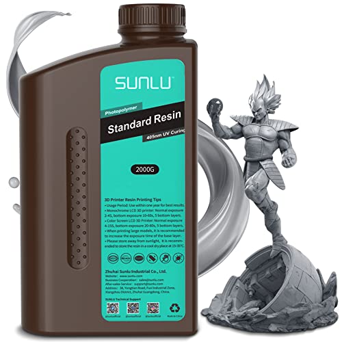 SUNLU Imprimante 3D Resine 2kg, Résine UV Rapide de 405 nm, Résine 3D Photopolymère Standard pour Imprimantes LCD/DLP/SLA 4K/8K, Haute précision, faible retrait, Gris 2000G