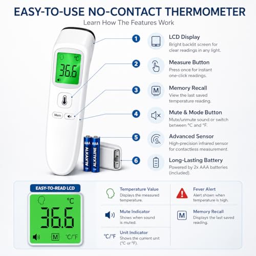 Infrared Thermometer for Adults and Kids, Digital Thermometer with Fever Alarm & Mute Mode, Fast Accurate Result, Easy to Use for All Ages