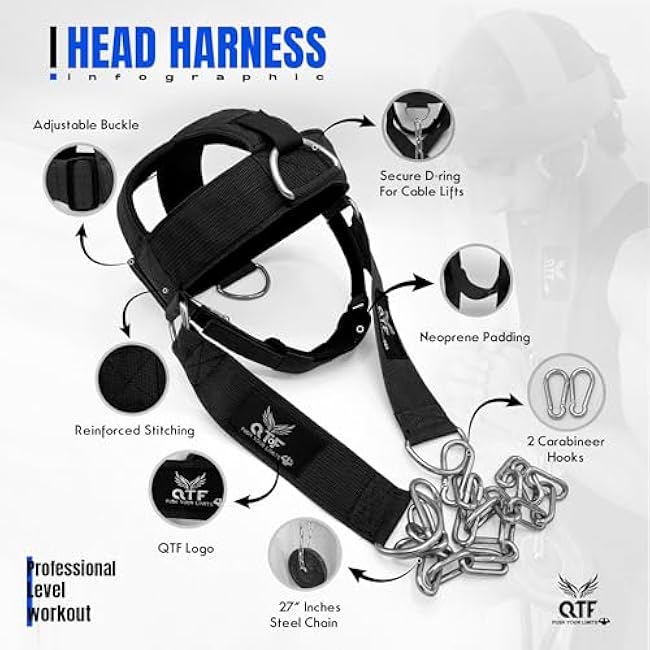 QTF Neck Harness Weight Lifting Training, Neck Builder Thick Neoprene Padded Adjustable Chin & Head Strap, Neck Workout Head Harness Heavy Duty Steel Chain