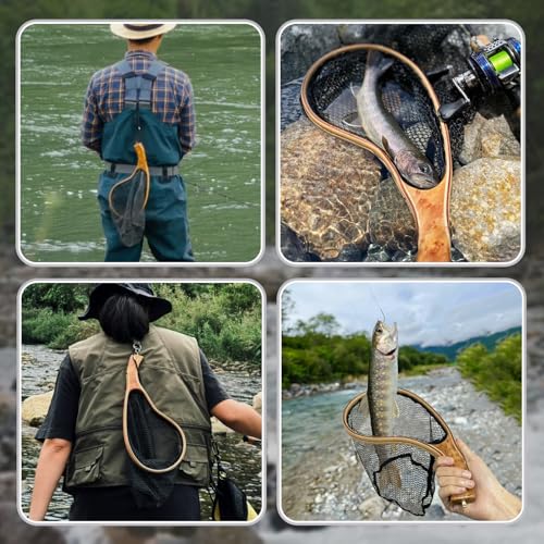 PRO FISHING 绮麗な模様ですランディングネット タモ 釣り 木製 玉網 曲柄 小型 フィッシング網 り フライフィッシング 餌釣り 鮎 ヘキサネット軽量 渓流釣り たも網 (S) 6枚目