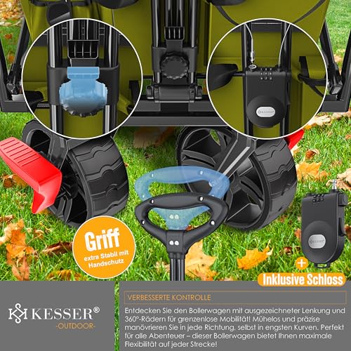 KESSER® Bollerwagen faltbar GT9000 mit Dach Handwagen Transportwagen | inkl. 2X 3-Punkt Gurtsystem| klappbar | Vollgummi-Reifen | bis 80 kg | Vorder- und Hinter-Bremse | + Tragetasche, Khaki – Bild 3