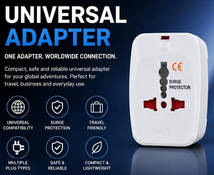 Image of Universal Travel Adapter with Surge Protection, Multiple Plug Types, Compatible with 150+ Countries, Compact and Lightweight