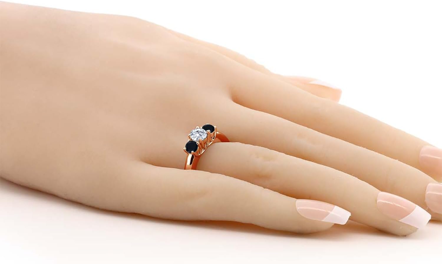 Gem Stone King 0.94 Ct Round Lab Grown Diamond and Black Onyx 3-Stone Ring for Women | 18K Rose Gold Plated Silver | 3 Stone Wedding Engagement Anniversary Promise Ring For Women - Image 3