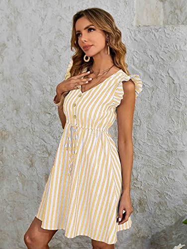 Image of Leriya Fashion Western Dress || Rayon Vertical Striped Printed Dress for Women || Flounce Cap Sleeve | V-Neck | Drawstring Waist Flared Dress || Summer Short Dresses for Women.