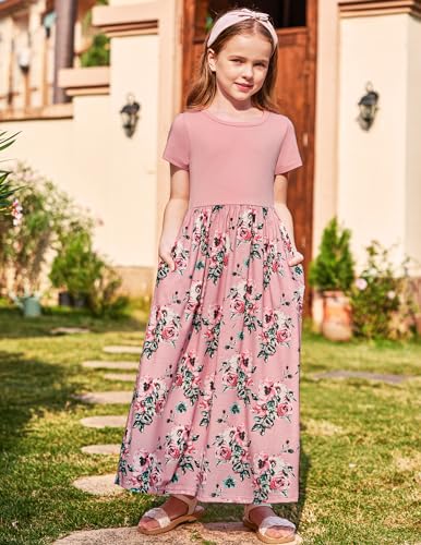 Image of Arshiner Girls Maxi Dress Long /Short Sleeve Casual Holiday Dress with Pockets for 5-13 Years