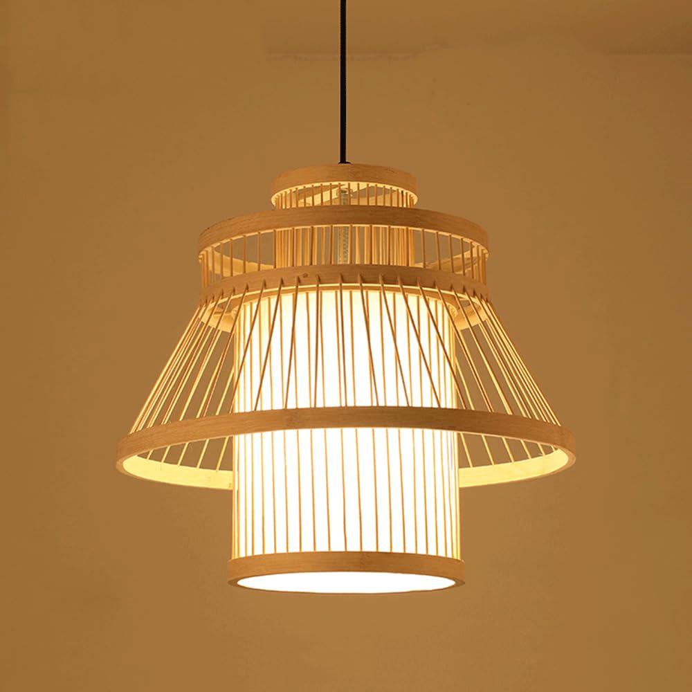15inch Bamboo Pendant Light Southeast Asian Style Island Chandelier Adjustable Hanging Ceiling Lights Fixture Vintage Hand-Woven Hanging Lamp for Dining Room Living Room Bedroom Hallway Kitchen YNAHZ