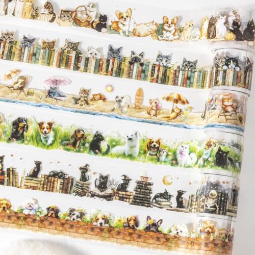 Image of PET Tape Set for Junk Journal,6 Rolls Cute Cat Tape Stickers,Clear Pet Dog Stickers for Scrapbooking,Journaling,Planner,DIY Arts Crafts,Notebook,Phone Case,Cups(Pet Time)