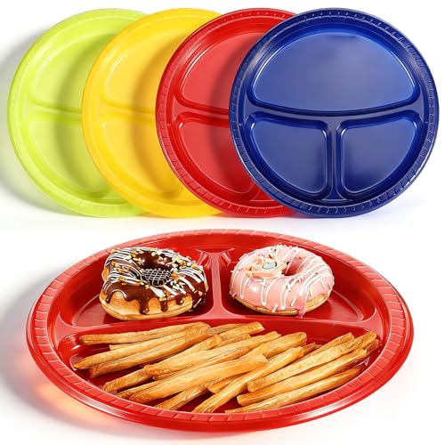 kenaeooe 100 Pcs 10 Inch 3 Compartment Divided Plastic Plates, Disposable Heavy Duty Round Dinnerware in 4 Colors for Wedding Birthday Party Events
