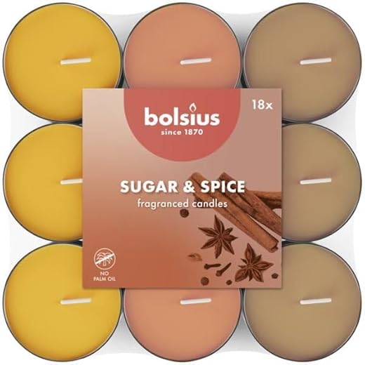 Bolsius - 18 Velas de té Aromáticas - Azúcar y Especias - Duración de quema de 3,5 horas - Diámetro 38 mm – Extractos Naturales – Contiene Cera Vegana – Sin Aceite de Palma