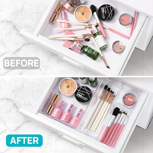 Image of Arto Clear Transparent Acrylic Drawer Organizer Set with Various Size for Bathroom,Bedroom Dresser,Cosmetics Makeup,Kitchen Utensil,Office,Stationery,Drawer Tray Dividers,Vanity Trays (Set of 9)
