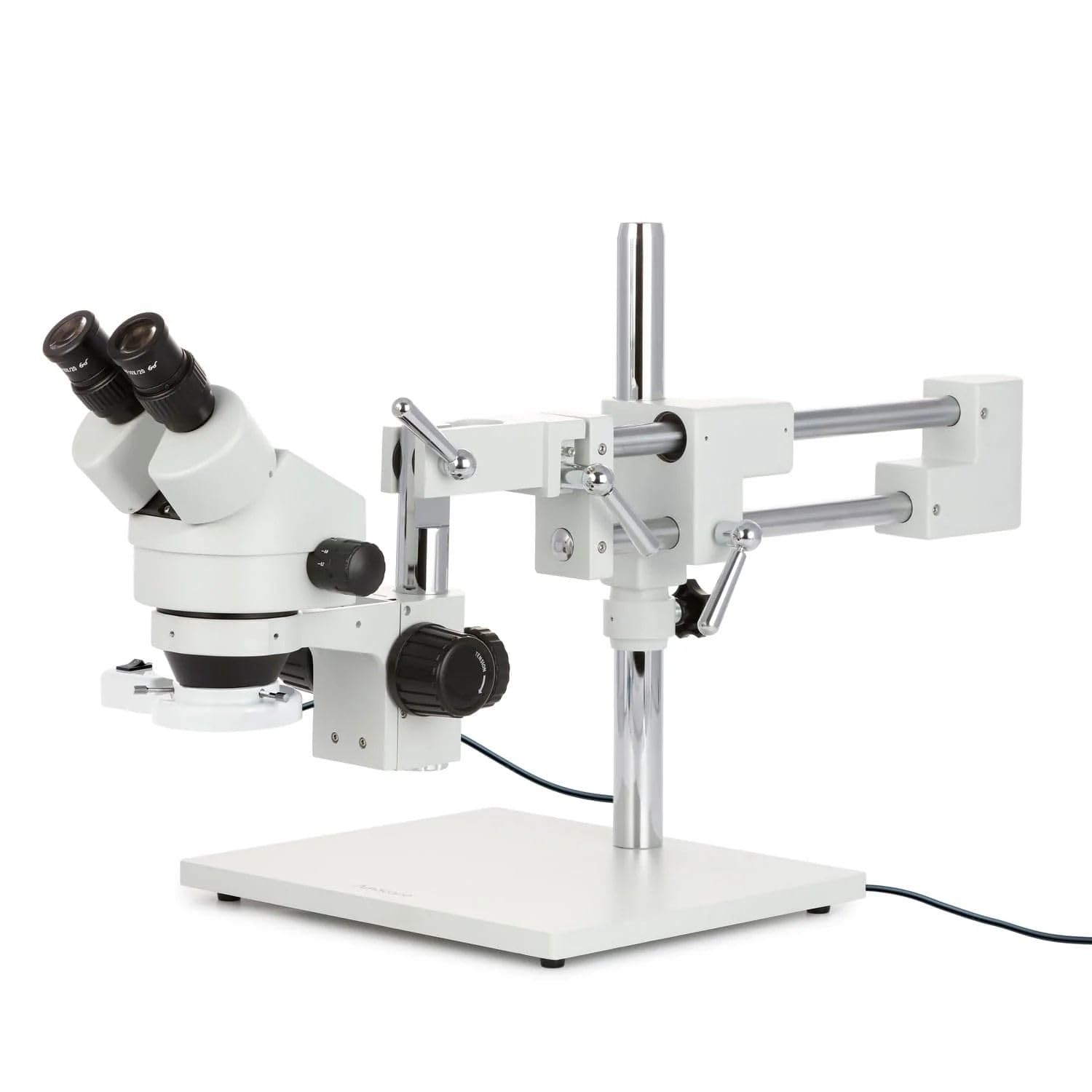 AmScope SM-4BZ-FRL Professional Binocular Stereo Zoom Microscope, WH10x Eyepieces, 3.5X-90X Magnification, 0.7X-4.5X Zoom Objective, 8W Fluorescent Ring Light, Double-Arm Boom Stand, 110V-120V, Includes 0.5x and 2.0x Barlow Lenses
