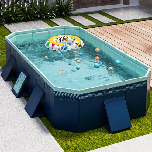 Non-Inflatable Swimming Pool 100''x52''x21'', No Air Pump Needed, Foldable Hard Plastic for Indoor Outdoor Use, Heavy-Duty Portable Water Play Pool for Backyard Patio Garden